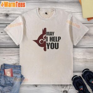 Cute cat wearing a 'May I Help You?' washed t-shirt, showcasing a friendly and playful demeanor.