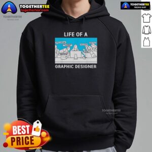 Graphic designer wearing a 'Good Life' hoodie, showcasing creativity and style in a vibrant workspace.