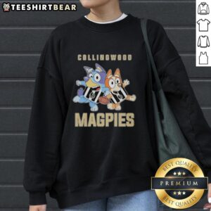 Alt Text: Awesome Bluey and Bingo in Collingwood Magpies sweatshirt, showcasing a fun and stylish kids' outfit for fans.