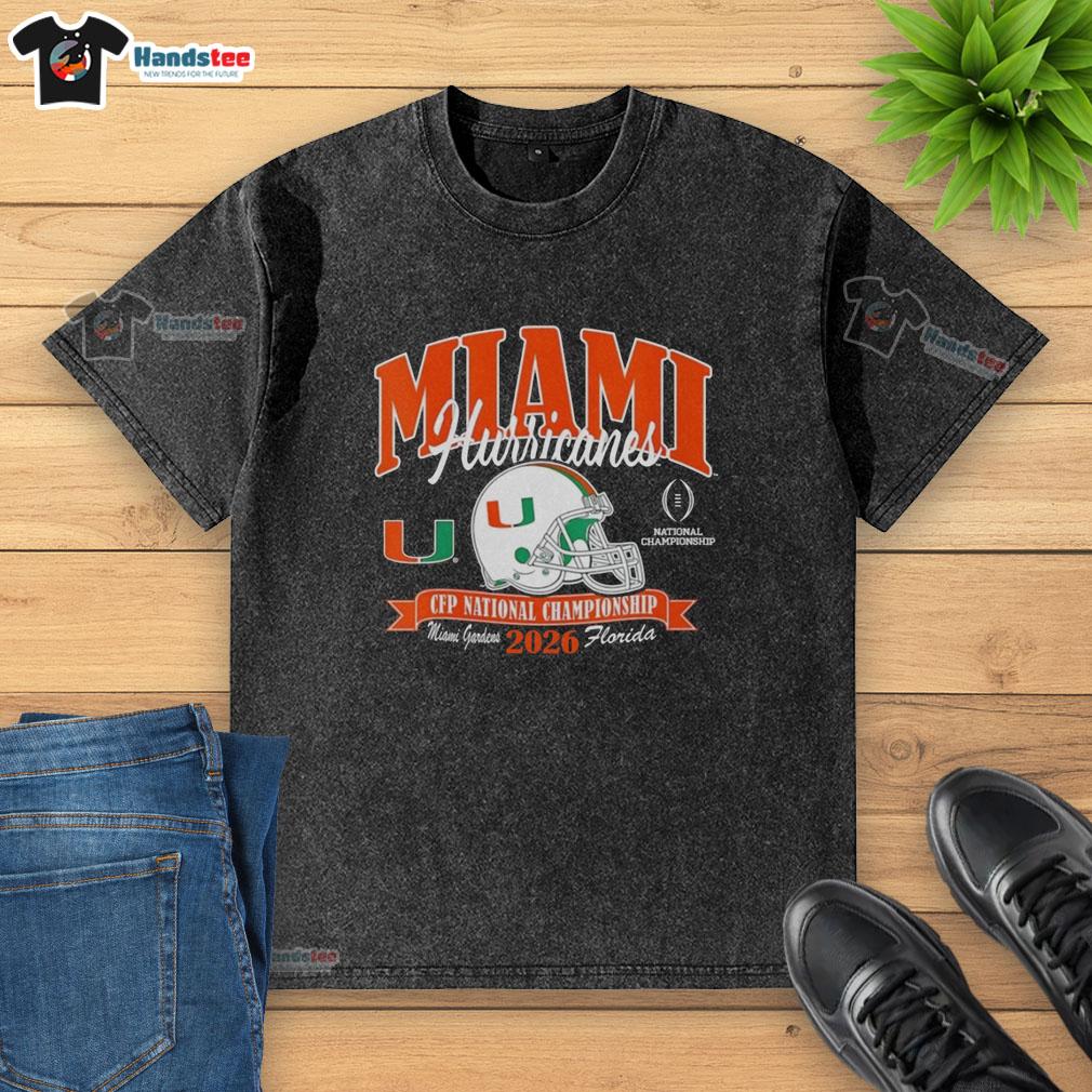 miami-hurricanes-cfp-national-championship-2026-helmet-center-2026-washed-t-shirt Miami Hurricanes CFP National Championship 2026 helmet and washed t-shirt displayed together, showcasing team spirit.
