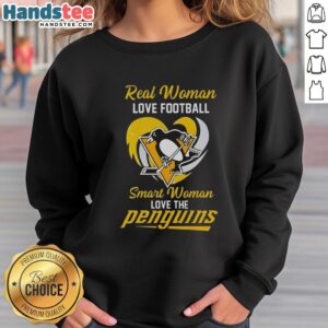 Pretty real woman in a heart sweatshirt, showing love for football and the Pittsburgh Penguins.