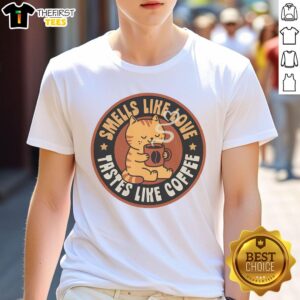 Good Smells Like Love Taste Like Coffee T-Shirt featuring a stylish design with coffee-themed graphics and text.