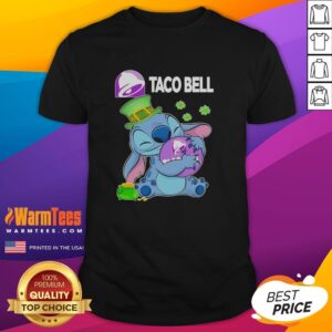 Alt Text: Cute Stitch hugging Taco Bell logo on a Happy Patrick's Day T-Shirt, perfect for festive taco lovers.