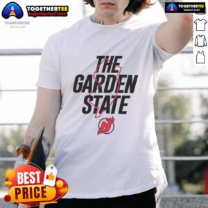 Alt Text: Top New Jersey Devils The Garden State Outline T-Shirt featuring the team's logo and state shape design in vibrant colors.
