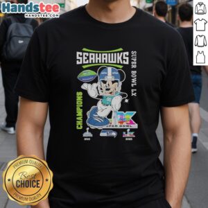 Pretty Mickey Mouse X Seattle Seahawks Super Bowl LX Champions 2026 graphic T-shirt featuring vibrant design and team colors.