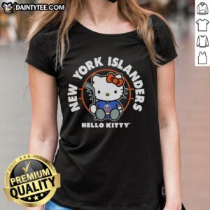 Alt Text: Hot Hello Kitty X New York Islanders hockey ladies tee featuring a cute design perfect for fans.