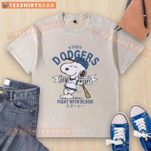 Alt Text: Awesome Peanuts Snoopy X Los Angeles Dodgers Fight With Blood Washed T-Shirt featuring iconic cartoon design.