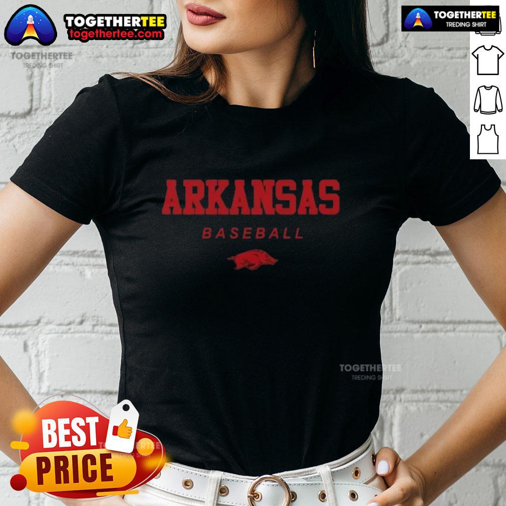 Nice Arkansas Razorback Baseball Wordmark And Logo Ladies Tee Arkansas Razorback baseball ladies tee featuring the iconic wordmark and logo in vibrant colors.