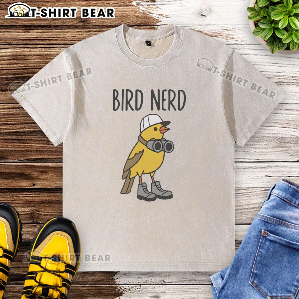 Nice Brid Nerd Wearing Shoes And Binoculars Washed T Shirt Nerdy girl wearing shoes and binoculars, styled in a washed t-shirt, enjoying a vibrant outdoor adventure.