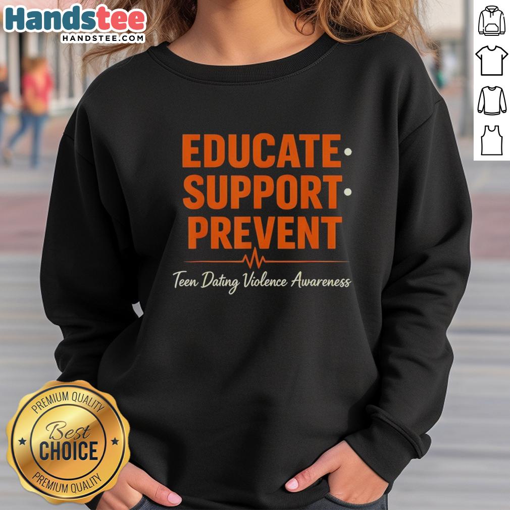 nice-educate-support-prevent-teen-dating-violence-awareness-heartbeat-sweatshirt Heartbeat sweatshirt promoting teen dating violence awareness with 'Nice Educate Support Prevent' message.