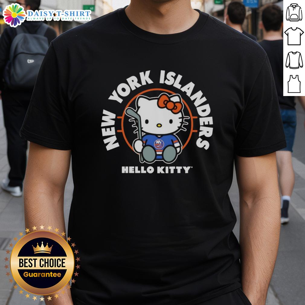 Nice Hello Kitty X New York Islanders Hockey T Shirt Alt Text: Cute Hello Kitty X New York Islanders hockey t-shirt featuring vibrant graphics and team colors, perfect for fans.