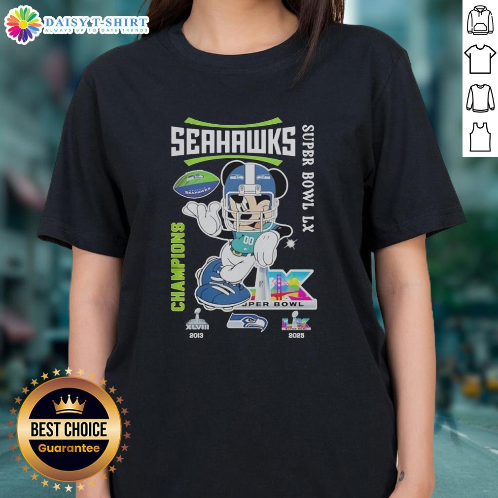 Nice Mickey Mouse X Seattle Seahawks Super Bowl LX Champions 2026 Graphic Ladies-Tee Alt Text: Ladies tee featuring Nice Mickey Mouse and Seattle Seahawks Super Bowl LX Champions 2026 graphic design.