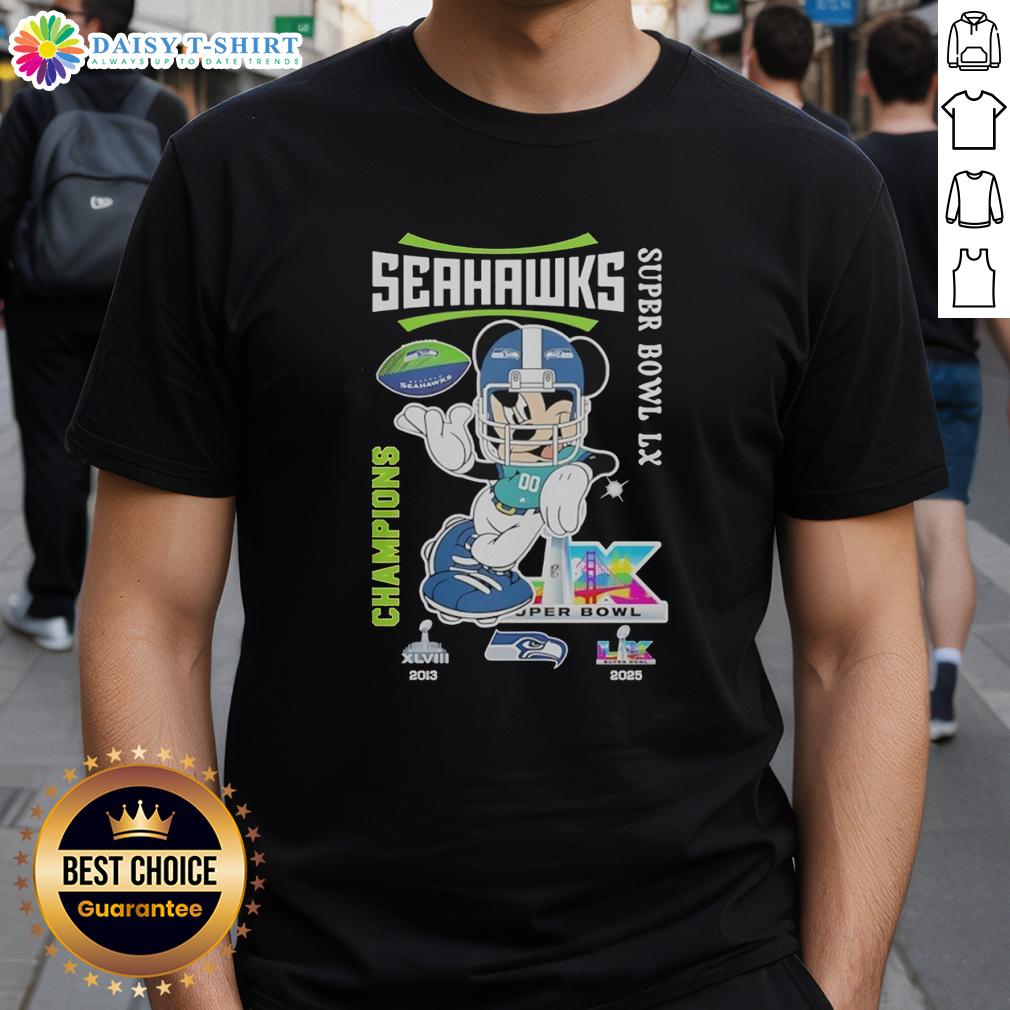Nice Mickey Mouse X Seattle Seahawks Super Bowl LX Champions 2026 Graphic T-Shirt Alt Text: Nice Mickey Mouse X Seattle Seahawks Super Bowl LX Champions 2026 graphic T-shirt featuring vibrant colors and fun design.