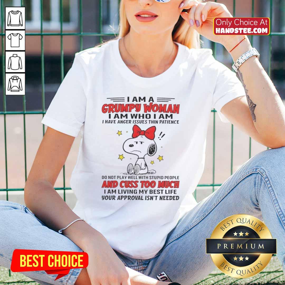nice-peanuts-snoopy-i-am-a-grumpy-woman-i-am-who-i-am-i-have-anger-issues-thin-patience-ladies-tee Funny ladies tee featuring Snoopy with the quote 'I am a grumpy woman' perfect for those with anger issues.