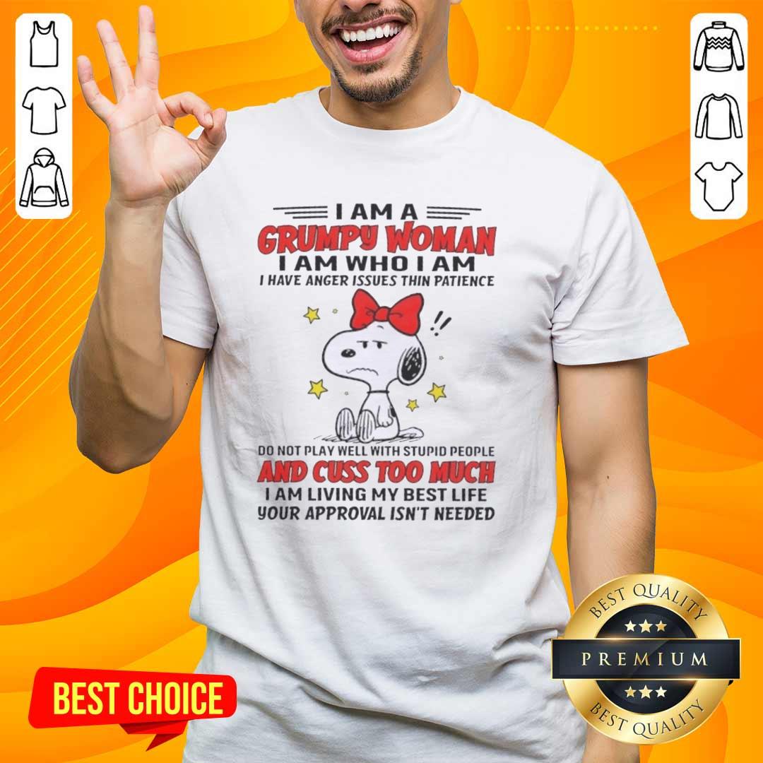 nice-peanuts-snoopy-i-am-a-grumpy-woman-i-am-who-i-am-i-have-anger-issues-thin-patience-t-shirt-1 Grumpy woman Snoopy T-shirt featuring 'I Am Who I Am, I Have Anger Issues, Thin Patience' slogan and colorful design.