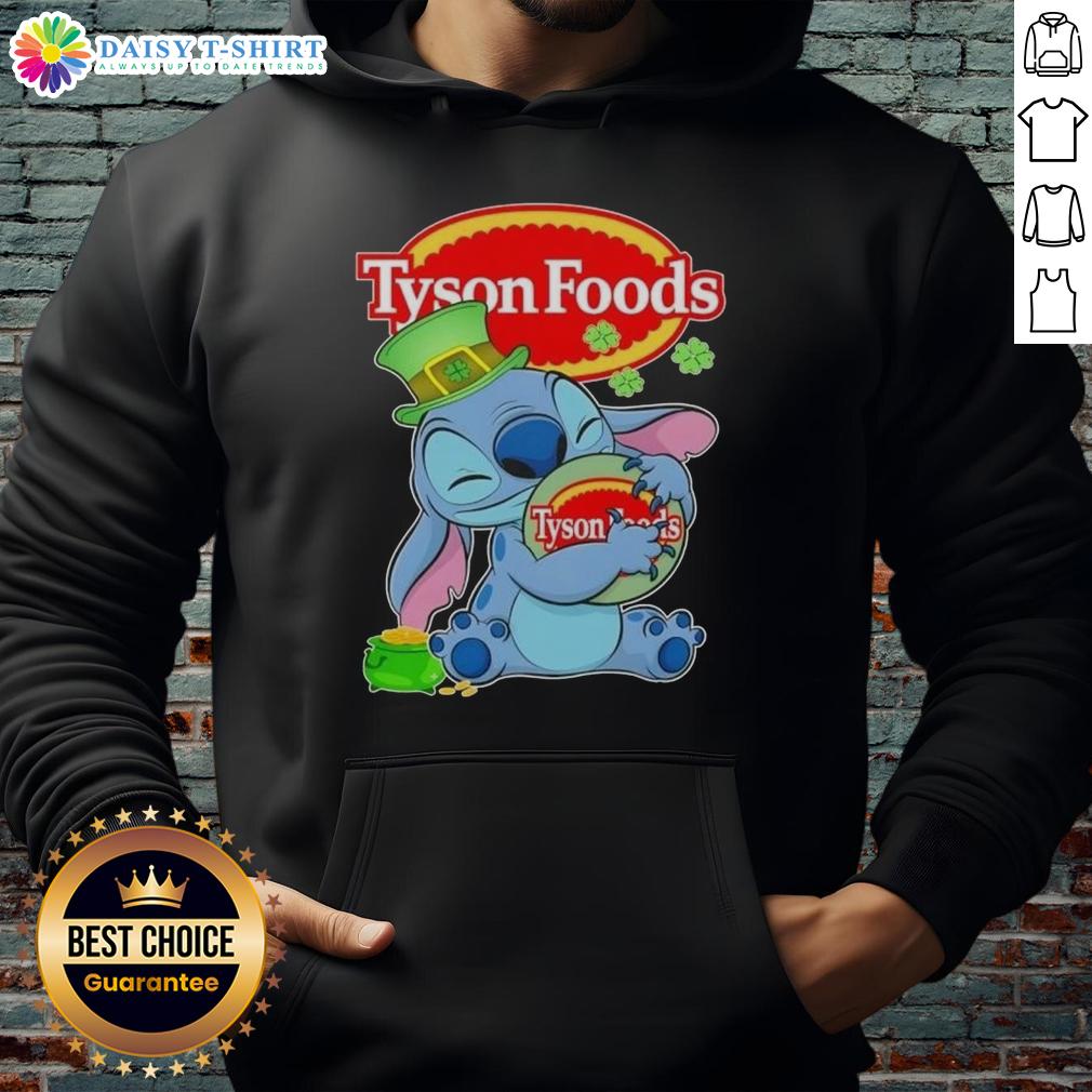 Nice Stitch With St Patricks Hug Tyson Foods Logo Hoodie Stylish hoodie featuring 'Nice Stitch' design and St. Patrick's theme with Tyson Foods logo, perfect for festive wear.