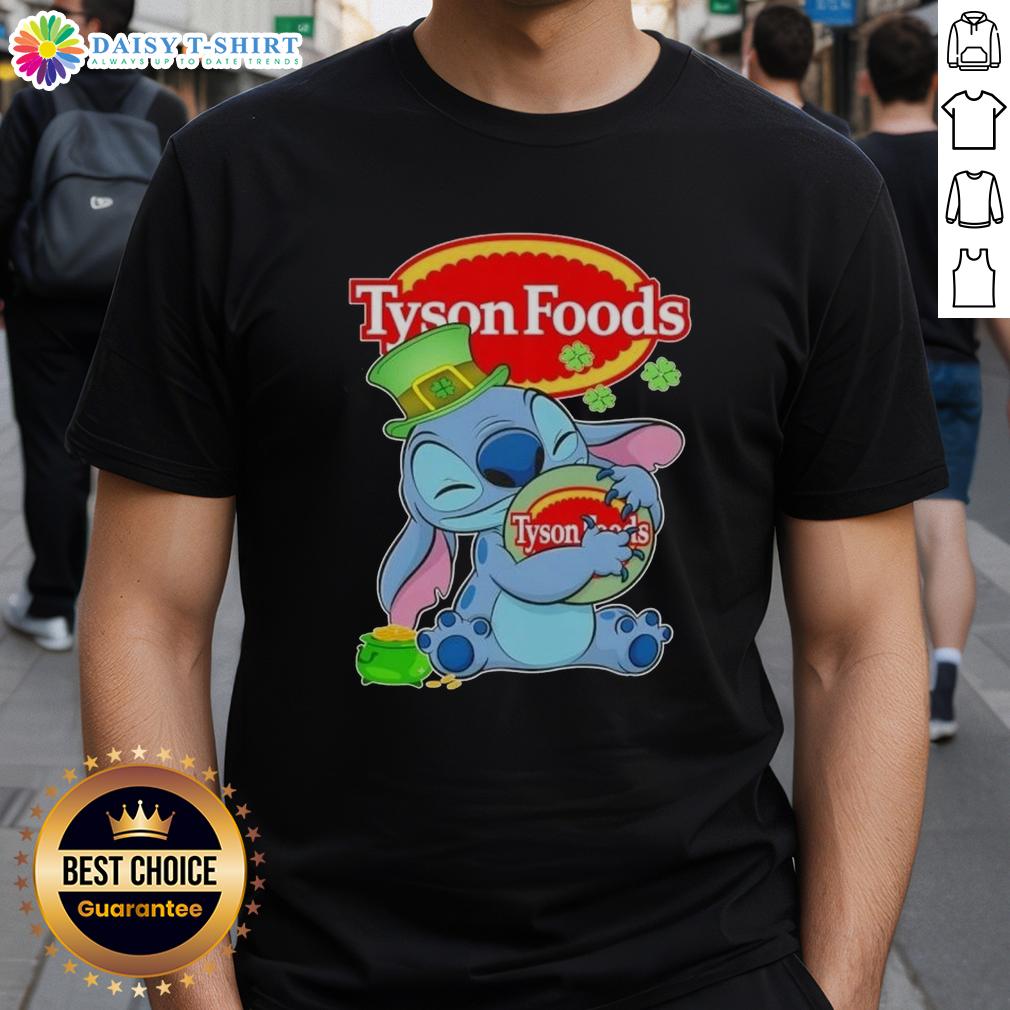 Nice Stitch With St Patricks Hug Tyson Foods Logo T Shirt Alt Text: St. Patrick's Day t-shirt featuring a nice stitch design with Tyson Foods logo and festive green colors.