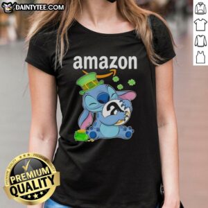 Pretty Stitch St. Patrick's Hug Amazon logo ladies tee featuring a festive design perfect for celebrating St. Patrick's Day.