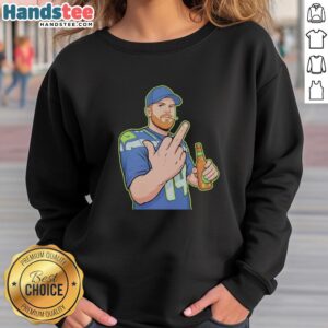 Alt Text: Cartoon illustration of Sam Darnold giving the middle finger on a stylish sweatshirt design.