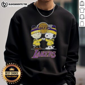 Nice Charlie Brown Touch Hand Snoopy X Los Angeles Lakers logo sweatshirt featuring playful design and vibrant colors.