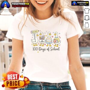 Cute ducks and a goose celebrate the 100th day of school on a ladies tee, perfect for teachers and students alike.