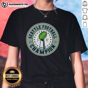 Alt Text: Nice Seattle Football Champion 2026 emblem on a stylish ladies tee, perfect for fans supporting their team.