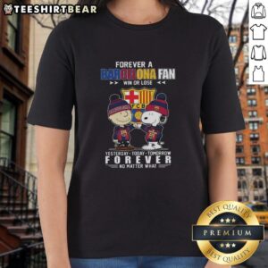 Awesome Charlie Brown and Snoopy Forever Barcelona Fan tee for ladies, perfect for sports lovers win or lose.