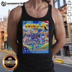 USA Men's Hockey Gold Tank Top featuring official Olympics design, perfect for fans and athletes celebrating victory.