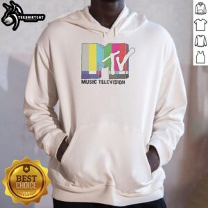 Alt Text: Classic MTV Music Television static logo hoodie featuring vibrant colors and retro design, perfect for music fans.