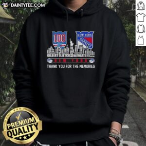 Alt Text: 2026 New York Rangers hoodie featuring city skyline design and player names, perfect for fans and collectors.