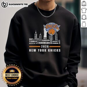 Pretty 2026 New York Knicks sweatshirt featuring city skyline design and all player names, perfect for fans.