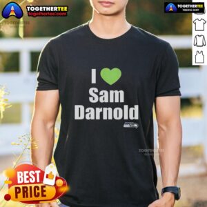 Alt Text: Original I Love Sam Darnold Seattle Seahawks logo T-shirt featuring a vibrant design celebrating the NFL quarterback.