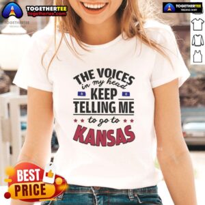 Official ladies tee featuring 'The Voices In My Head Keep Telling Me To Go To Kansas' design, perfect for casual wear.