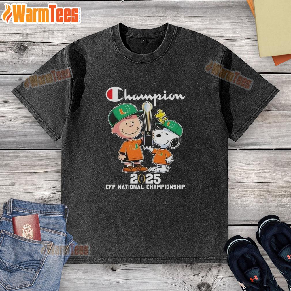 official-charlie-brown-and-snoopy-2025-cfp-national-championship-miami-hurricanes-washed-t-shirt Alt Text: Official Charlie Brown and Snoopy 2025 CFP National Championship Miami Hurricanes washed t-shirt design.