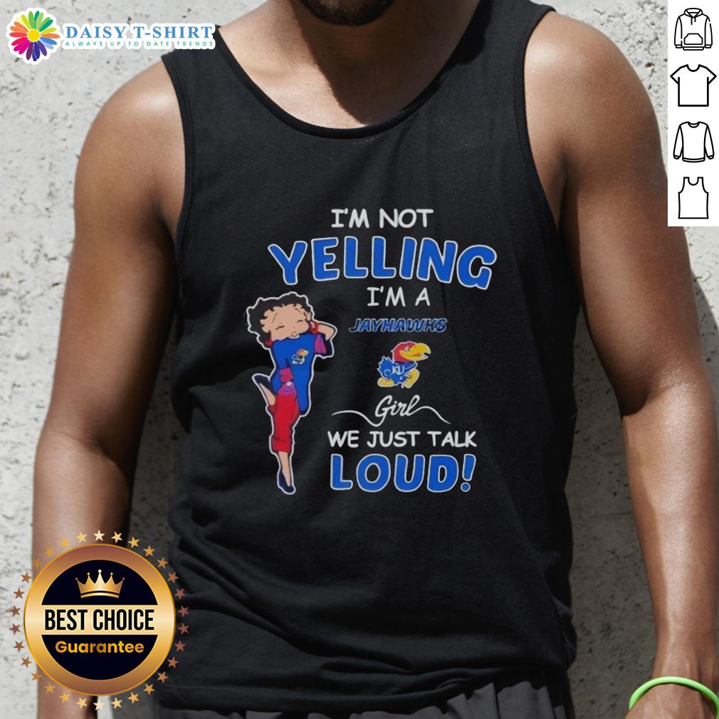 Official I'M Not Yelling I'M Kansas Jayhawks Girl We Just Talk Loud Tank Top Girl wearing 'I'm Not Yelling, I'm Kansas Jayhawks' tank top, showcasing team spirit and pride in vibrant colors.