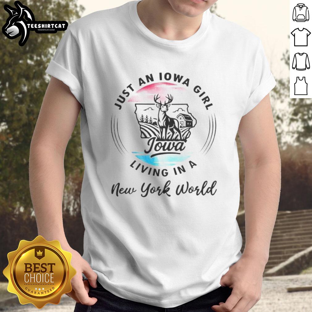official-just-an-iowa-girl-living-in-a-new-york-world-t-shirt Alt Text: Official Just An Iowa Girl Living In A New York World T-Shirt featuring a stylish design for proud Midwesterners.