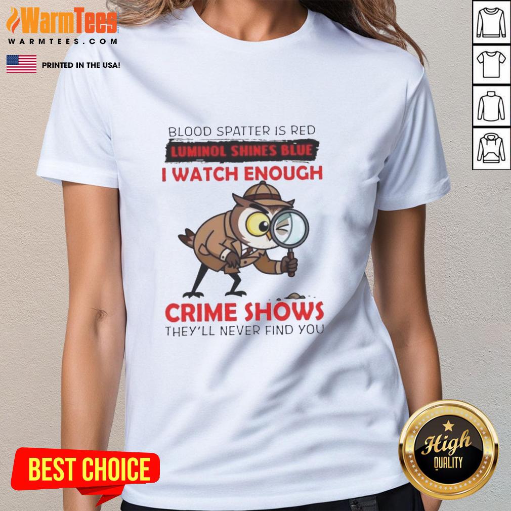 official-owl-blood-spatter-is-red-luminol-shines-blue-i-watch-enough-crime-shows-theyll-never-find-you-ladies-tee Official Owl Blood Spatter graphic on a red tee, with blue Luminol effect; perfect for crime show enthusiasts.