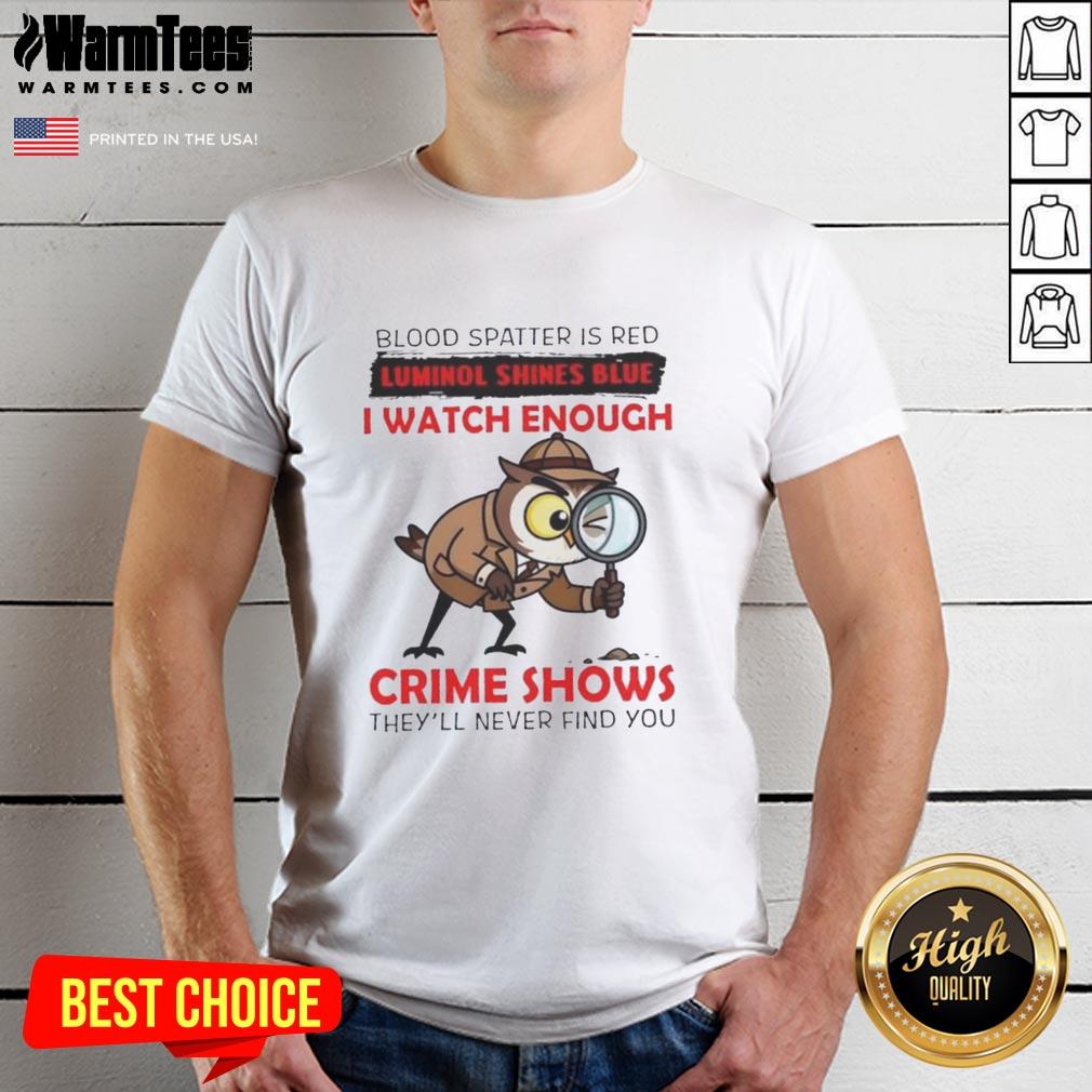 official-owl-blood-spatter-is-red-luminol-shines-blue-i-watch-enough-crime-shows-theyll-never-find-you-t-shirt-1 Official Owl Blood Spatter Is Red Luminol Shines Blue T-Shirt: Perfect for crime show fans with a dark sense of humor.