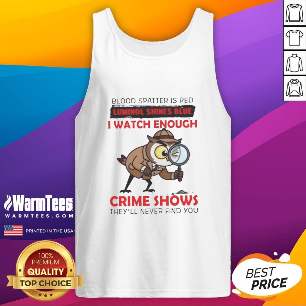 official-owl-blood-spatter-is-red-luminol-shines-blue-i-watch-enough-crime-shows-theyll-never-find-you-tank-top Red blood spatter on a tank top with blue luminol highlights, featuring the phrase about crime shows and concealment.