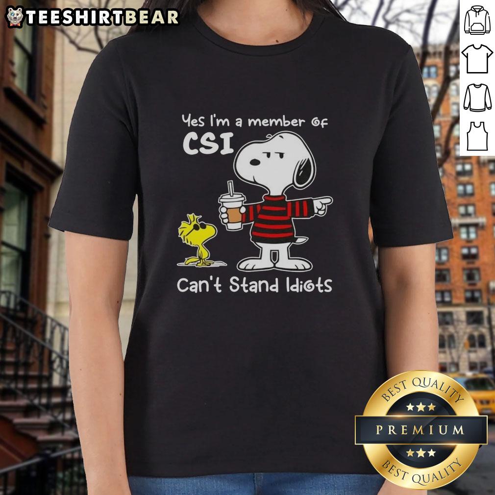 official-peanuts-snoopy-yes-im-a-member-of-csi-cant-stand-idiots-ladies-tee Official Peanuts Snoopy tee for women saying 'Yes, I'm a member of CSI, Can't Stand Idiots' in vibrant colors.