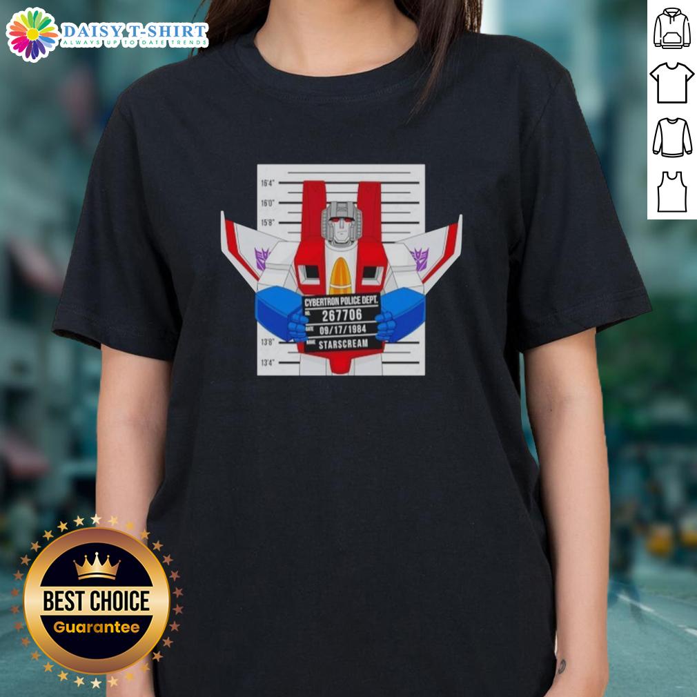 Official Starscream Cybertron Police Dept Mugshot Ladies Tee Official Starscream Cybertron Police Dept mugshot on a stylish ladies tee, perfect for Transformers fans.
