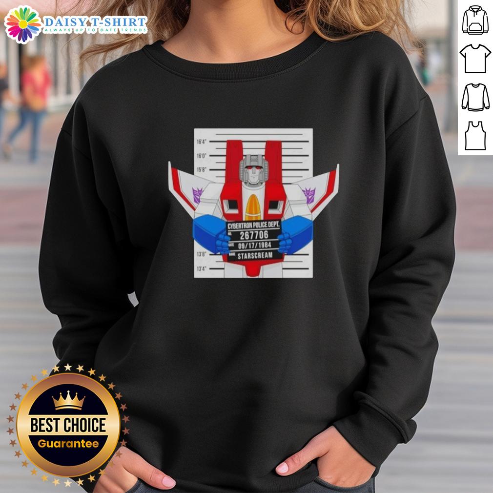 Official Starscream Cybertron Police Dept Mugshot Sweatshirt Official Starscream Cybertron Police Dept mugshot sweatshirt featuring a bold graphic design and vibrant colors.