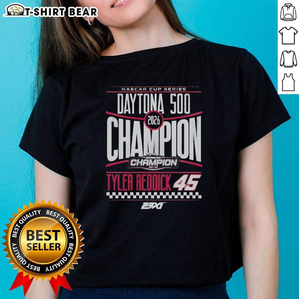 Official Tyler Reddick 45 Checkered Flag Sports 2026 Daytona 500 Champion Ladies-Tee Alt Text: Official Tyler Reddick 45 Checkered Flag Sports Tee for 2026 Daytona 500 Champion, perfect for female fans.