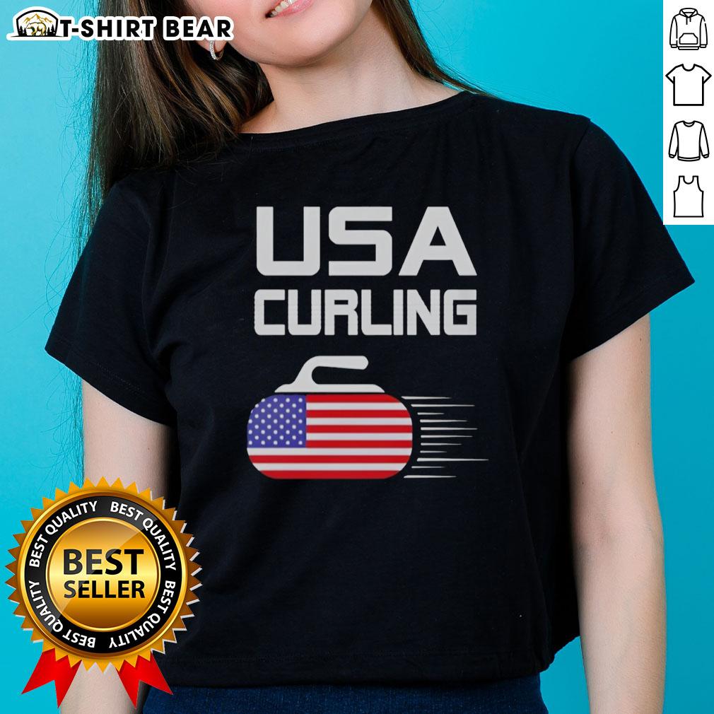 Official Usa Curling American Flag Stone Ladies Tee Alt Text: Official USA Curling American Flag Stone Ladies Tee featuring patriotic design for curling enthusiasts.