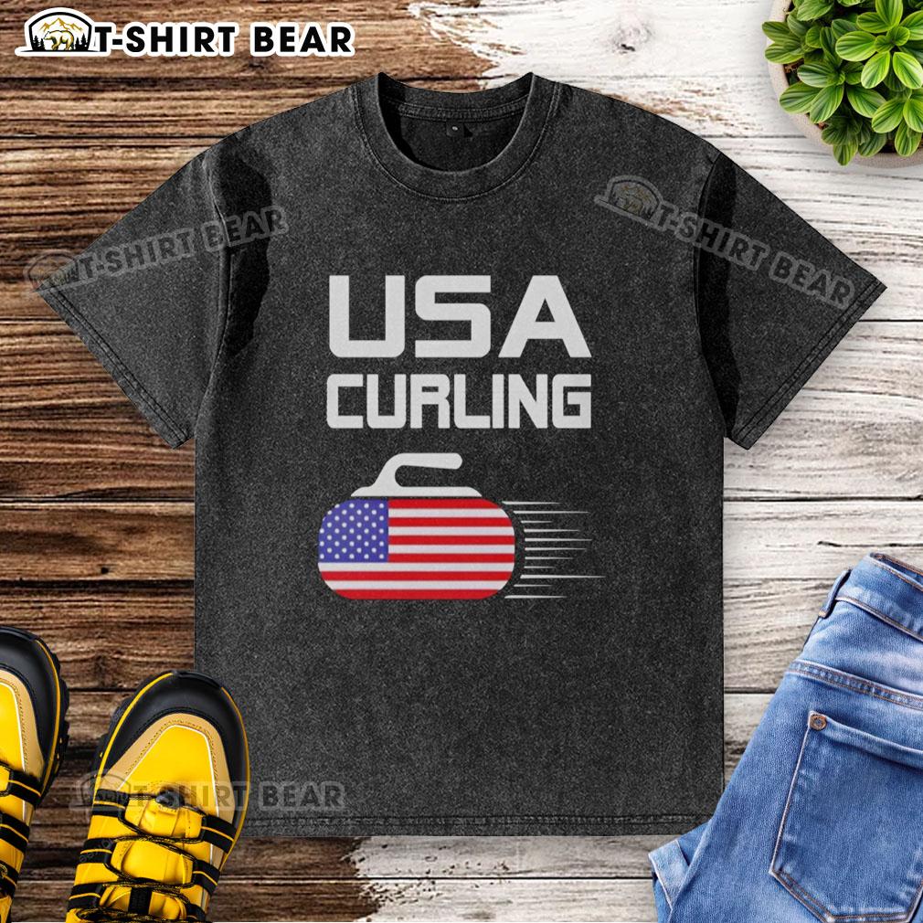 Official Usa Curling American Flag Stone Washed T Shirt Official USA Curling American Flag Stone Washed T-Shirt featuring a patriotic design perfect for curling fans and enthusiasts.