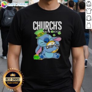 Happy Patrick's Day T-shirt featuring a cute Stitch hugging the Church's Chicken logo, perfect for festive celebrations.