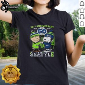 Nice Seattle Seahawks Charlie Brown and Snoopy 50th Anniversary 1976-2026 ladies tee celebrating NFL team spirit.