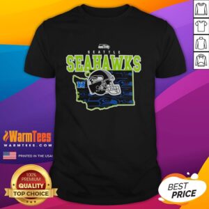 Alt Text: Premium Seattle Seahawks Evergreen State Gameday Helmet and Map T-Shirt featuring bold team graphics and vibrant colors.
