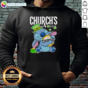 Alt Text: Cute Stitch Hug Church's Chicken logo on a Happy St. Patrick's Day hoodie, featuring vibrant green colors.