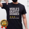 Alt Text: Original World's Okayest Drummer Hits Stuff Mostly On Purpose T-Shirt design featuring a humorous drummer graphic.